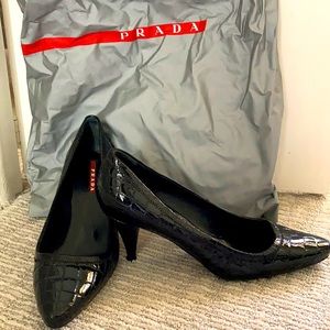 Prada kitten toe black patent leather heel
